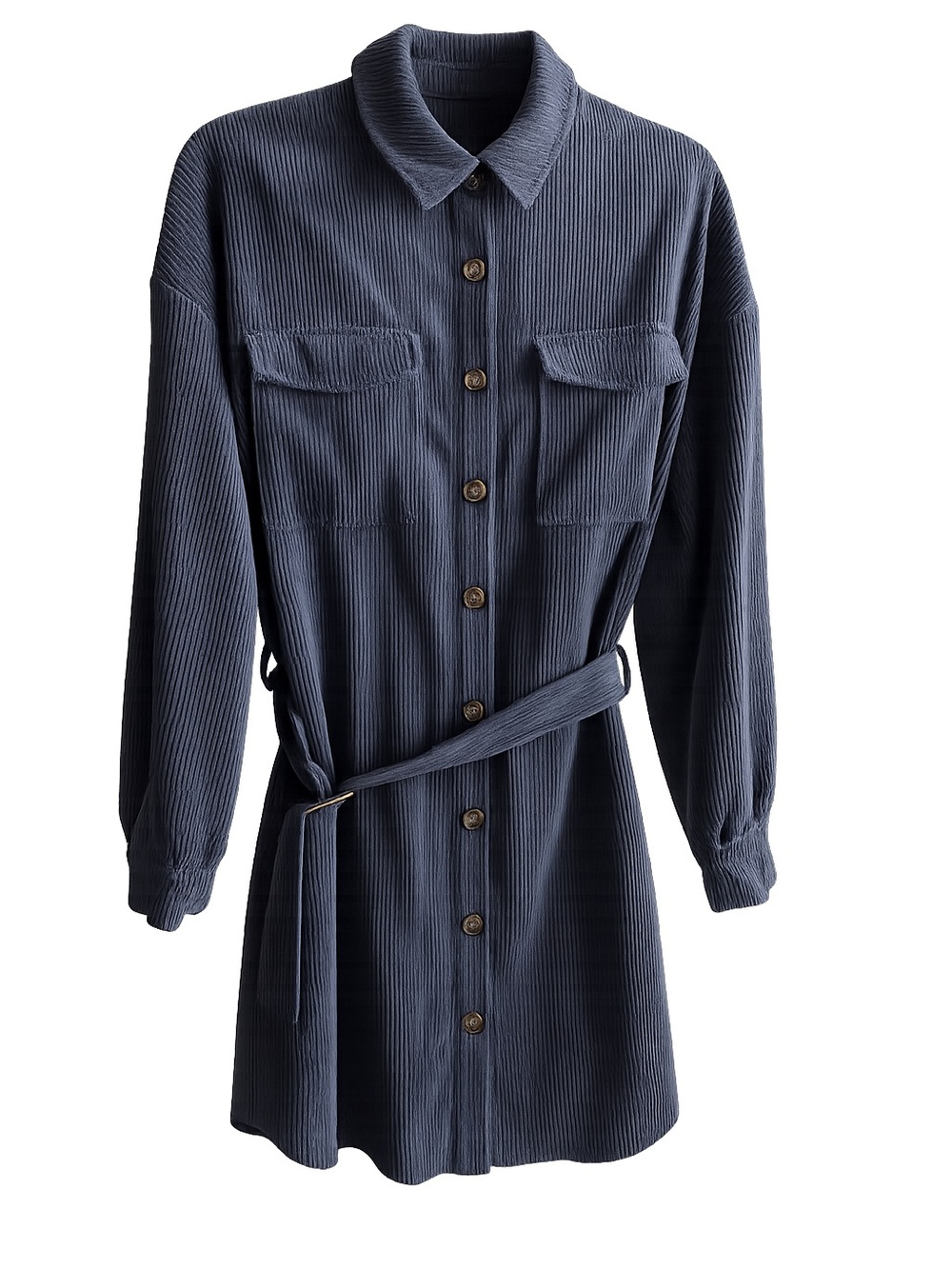 Kiabi Grey Blue Mauve Corduroy Belted Shirt Mini Dress / Shacket Size XS